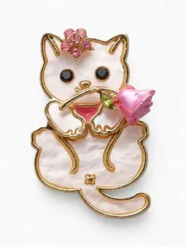 Брошь «Кошечка» с розой, белая, розовая в золоте