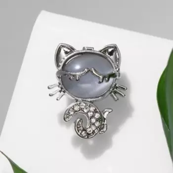 Брошь «Кошечка» спящая, цвет белый в серебре (неделимая фасовка 12 шт., цена за шт.)