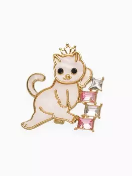 Брошь «Кошечка в короне», бело-розовая в золоте