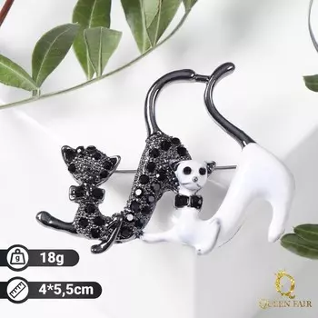 Брошь "Кошечки", цвет чёрно-белый в сером металле