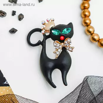 Брошь «Кошка грация», в короне, цвет матовый чёрный в золоте