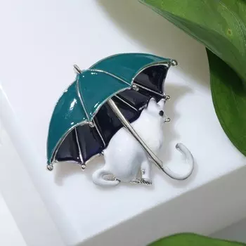 Брошь "Кошка" под зонтом, цветная в серебре