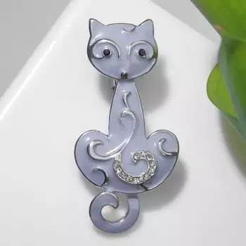 Брошь "Кошка" расписная, цвет серый в серебре