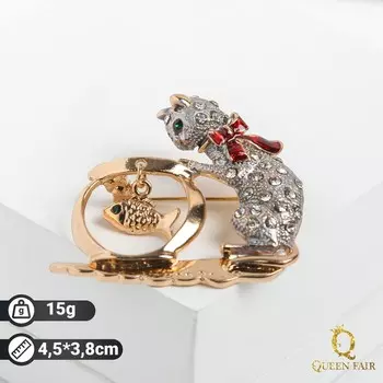 Брошь «Кошка» с аквариумом, серо-красная в золоте
