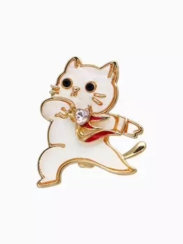 Брошь «Кот герой», эмаль, белая