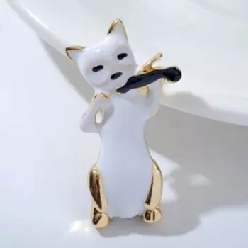 Брошь "Кот" играет на скрипке, цвет чёрно-белый в золоте