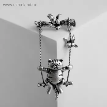 Брошь «Кот на качелях» в чернёном серебре