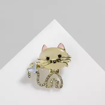 Брошь «Котёнок» с бабочкой, цвет бело-розовый в золоте