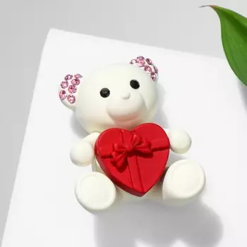 Брошь "Мишка" с подарком, цвет бело-бордовый