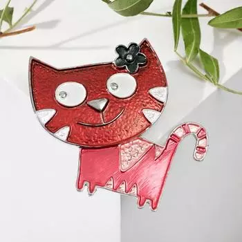 Брошь мультяшная "Кошечка" с цветочком, цветная в чёрном металле