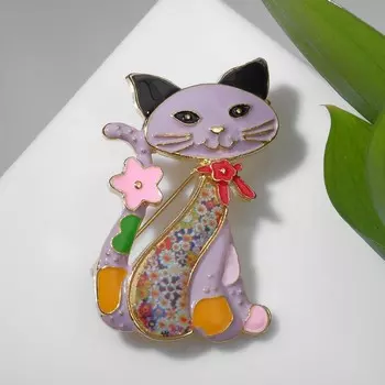 Брошь мультяшная "Кошка" с цветами, цветная в золоте