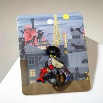 Брошь мультяшная «Кошка» с подвижной рыбой, цветная в чёрном металле