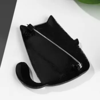 Брошь мультяшная «Кот» с бантом, голубая в чёрном металле