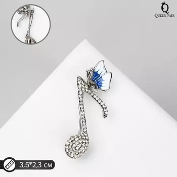 Брошь «Нота» с бабочкой, цвет бело-синий в серебре