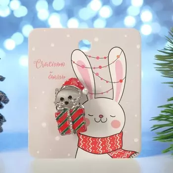 Брошь "Котик" с подарком, цветная в серебре