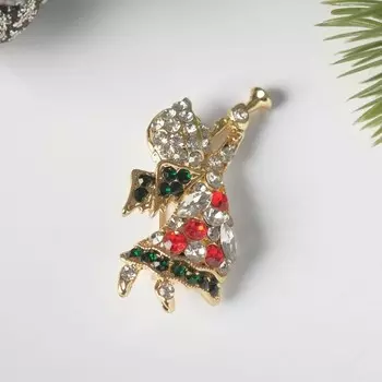 Брошь новогодняя "Рождественская сказка" ангелочек с флейтой, цветная в золоте