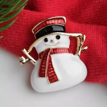 Брошь новогодняя "Снеговичок", цветная в золоте