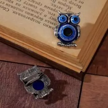 Брошь-оберег «Сова» глазки, синяя в чернёном серебре