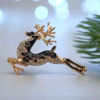 Брошь новогодняя "Олень волшебный", цвет чёрный в золоте