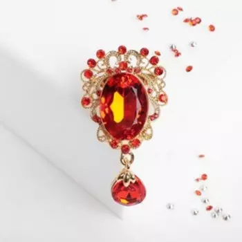 Брошь "Овал" с каплей, цвет красный в золоте