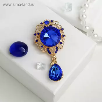 Брошь «Овал» с каплей, синяя в золоте