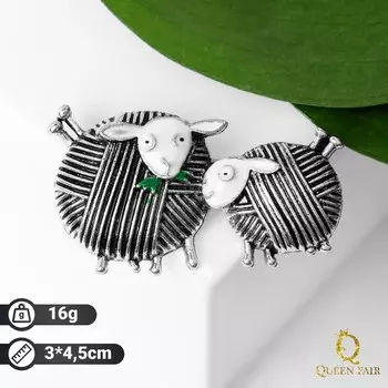 Брошь «Овечки пара», цвет белый в чернёном серебре