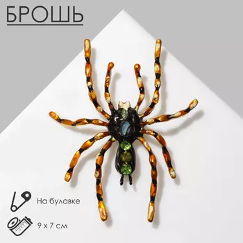 Брошь «Паук» воронковый, цвет коричнево-зелёный в чернёном золоте