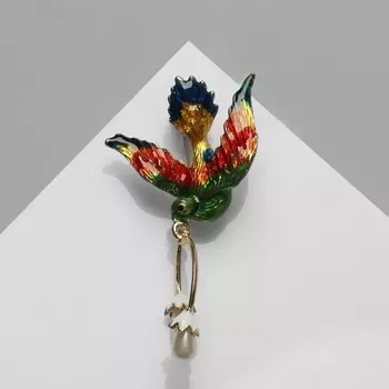 Брошь «Птица» яркая с жемчугом, цветная в золоте