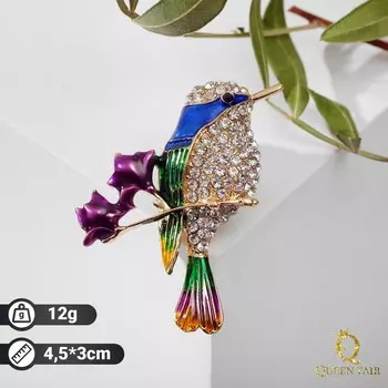 Брошь «Птичка» малышка на ветке, цветная в золоте