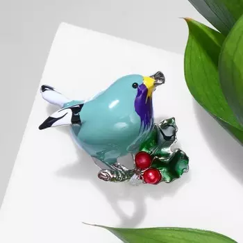 Брошь "Птичка" с ягодками, цветная в серебре