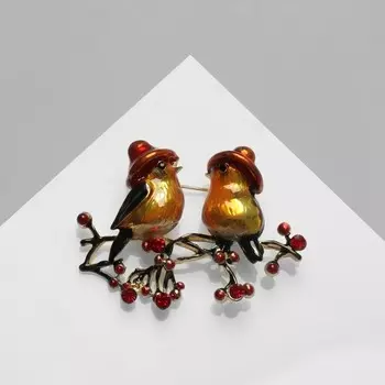 Брошь «Птицы» пара снегирей, цветная в золоте