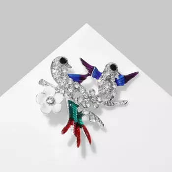 Брошь «Птицы» весенние, цветная в серебре