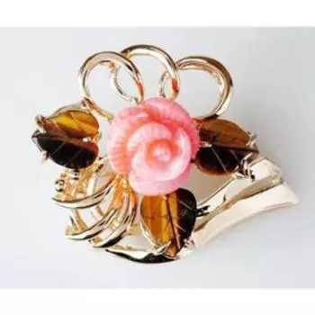 Брошь с кораллом и тигровым глазом "Чародейка", позолота с родированием