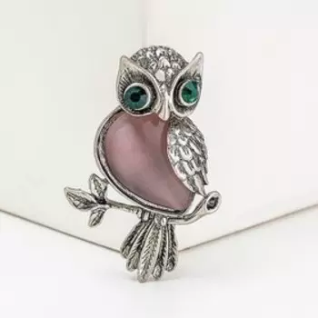Брошь «Сова», сиреневая в чернёном серебре