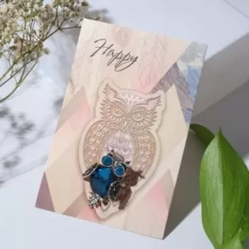 Брошь «Сова круглая», синяя в чернёном серебре