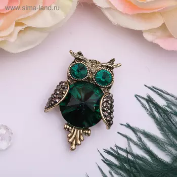 Брошь «Сова круглая», зелёная в чернёном золоте