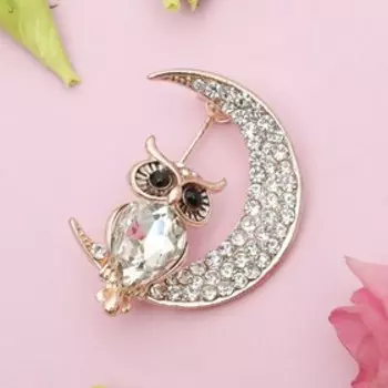 Брошь «Сова на месяце», чёрно-белая в золоте