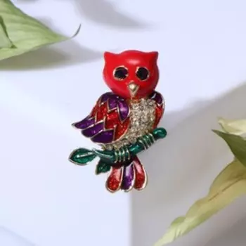 Брошь "Сова на ветке", цвет фиолетово-красный в золоте