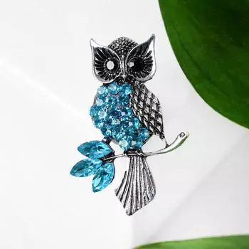 Брошь «Сова на ветке», голубая в чернёном серебре
