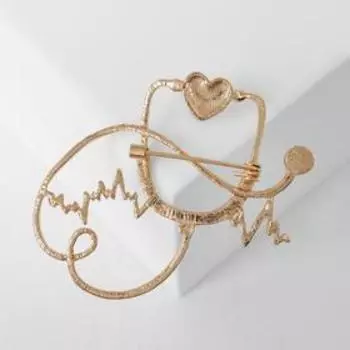 Брошь "Стетоскоп" кардиограмма, цвет красно-коричневый в золоте