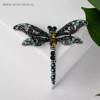 Брошь «Стрекоза» ажурная, чёрно-зелёная в чернёном серебре