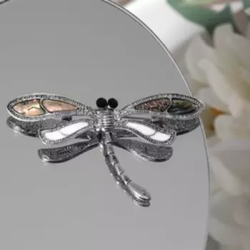 Брошь «Стрекоза» ракушка, цветная в чернёном серебре