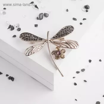 Брошь «Стрекоза» с цветочком, серо-коричневая в кофейном золоте