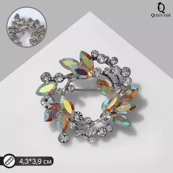 Брошь «Венок» круглый, цвет радужно-белый в серебре