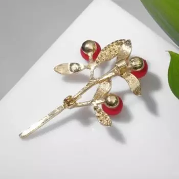 Брошь "Веточка", цвет красно-белый в золоте
