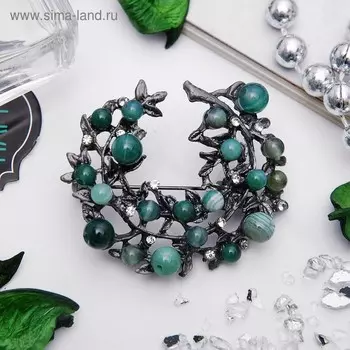 Брошь «Ветвь агата», зелёная в сером металле