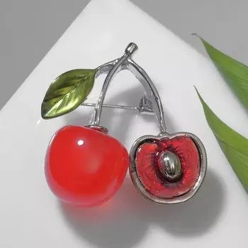 Брошь "Вишенки" с косточкой, цвет красно-зелёный в серебре