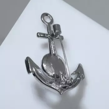 Брошь "Якорь" с бусиной, цвет белый в серебре