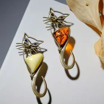 Брошь "Янтарь" кошка, цвет МИКС в бронзе