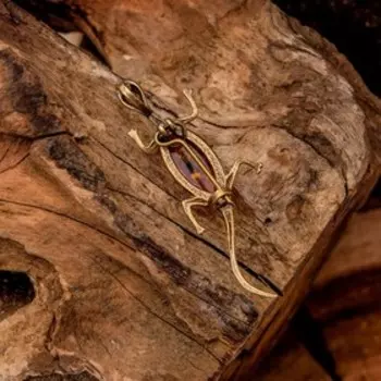 Брошь "Янтарь" ящерка, цвет коньячный в бронзе